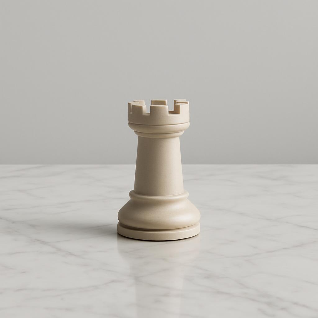 The image features a white chess piece, a rook, resting on a white marble countertop or board. The rook has a cylindrical ...